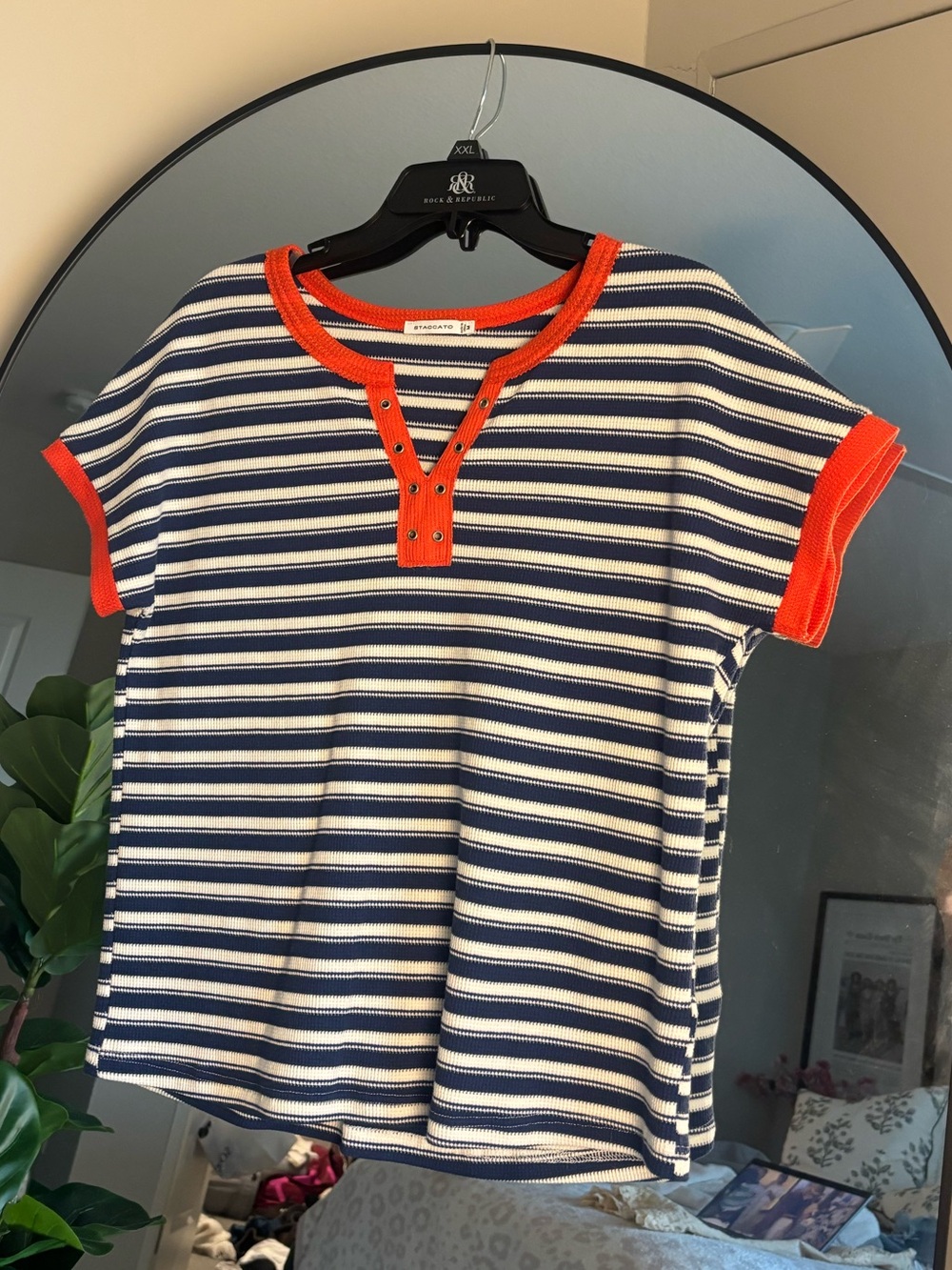 Staccato Navy & White Striped Short Sleeve Top with Orange Trim